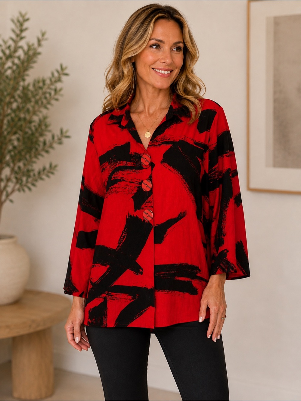 Ali Miles Womens Tunic Top Size L  Art to Wear Lagenlook Abstract Artsy Office